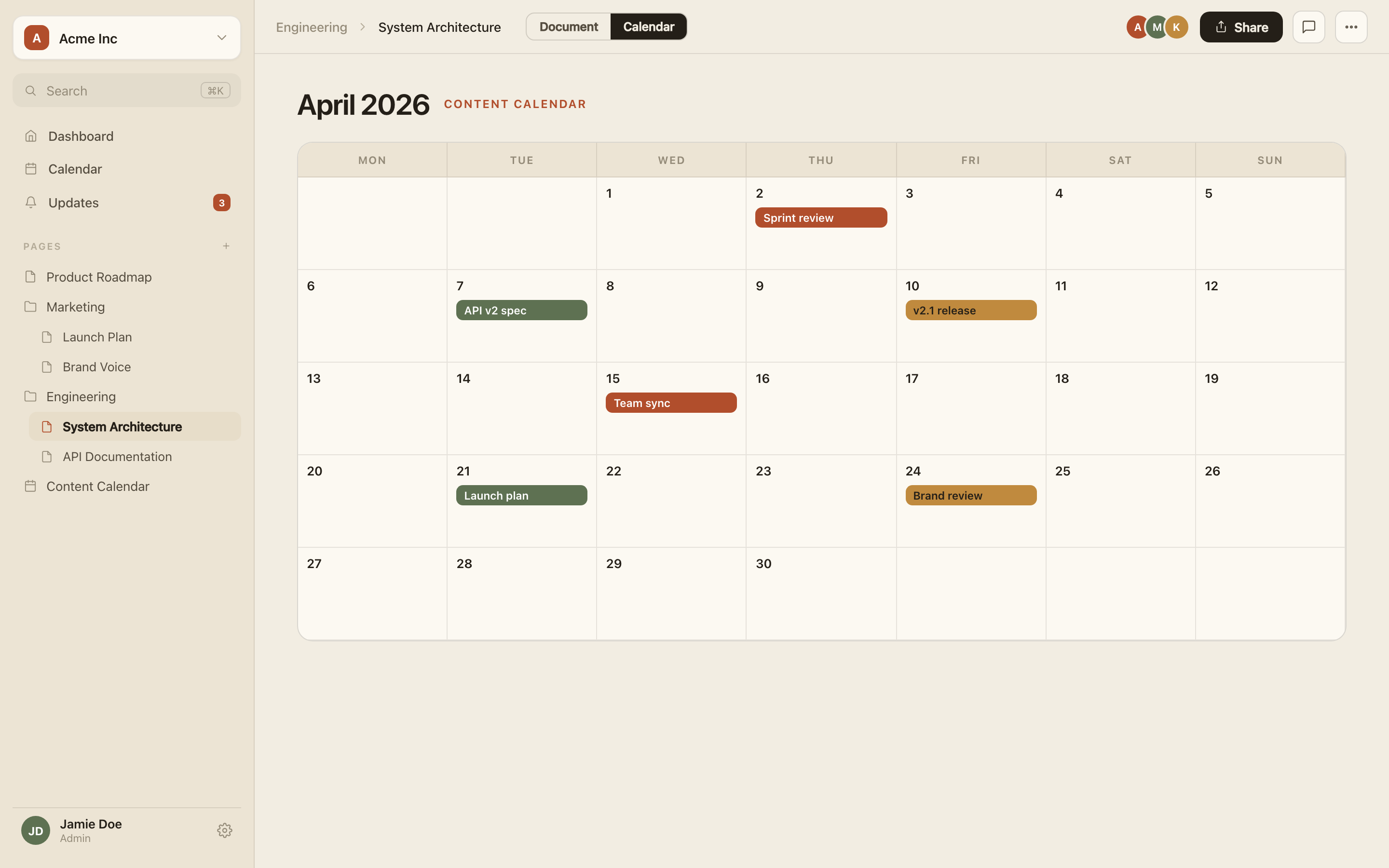 Nexus — the content calendar showing a month of scheduled pages